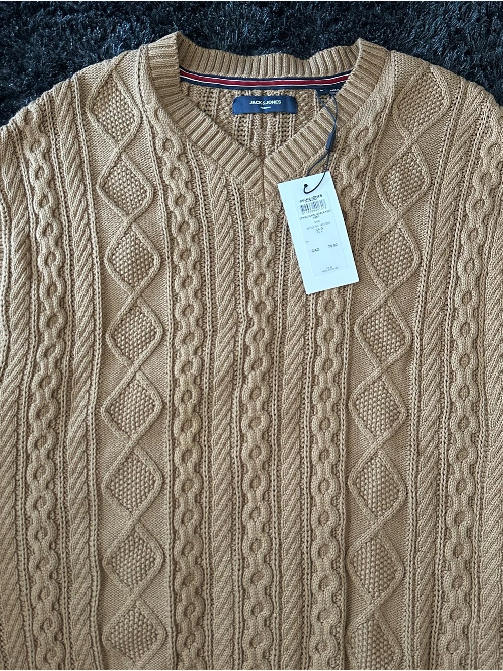 Jack & Jones Cable Knit V-Neck Sweater in Camel Brown